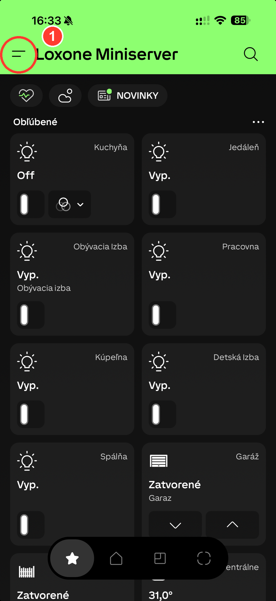 Loxone app — menu
