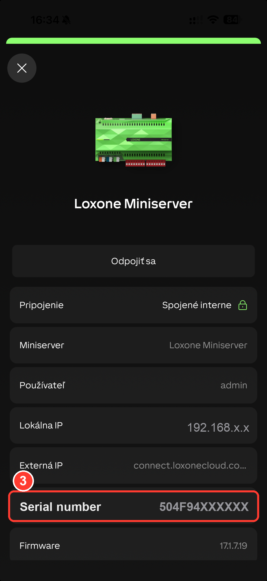Loxone app — serial number